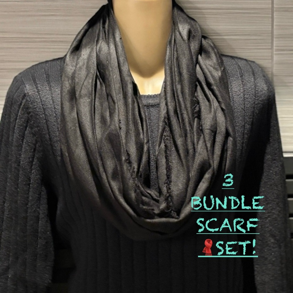 Set of Three Scarves BUNDLE/LOT - Cream, Turquoise & Black—— OSFA